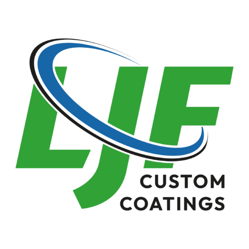 LJF Custom Coatings logo featuring green letters with a blue swoosh